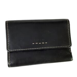 Fossil Trifold Wallet Black Genuine Leather Fold Over Travel Wallet Card Case